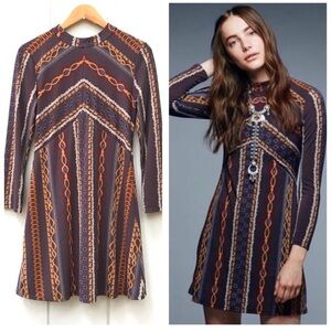 Free People Stella Retro Mod Multicolor Earth-tone Fall Mini Dress Size XS brown